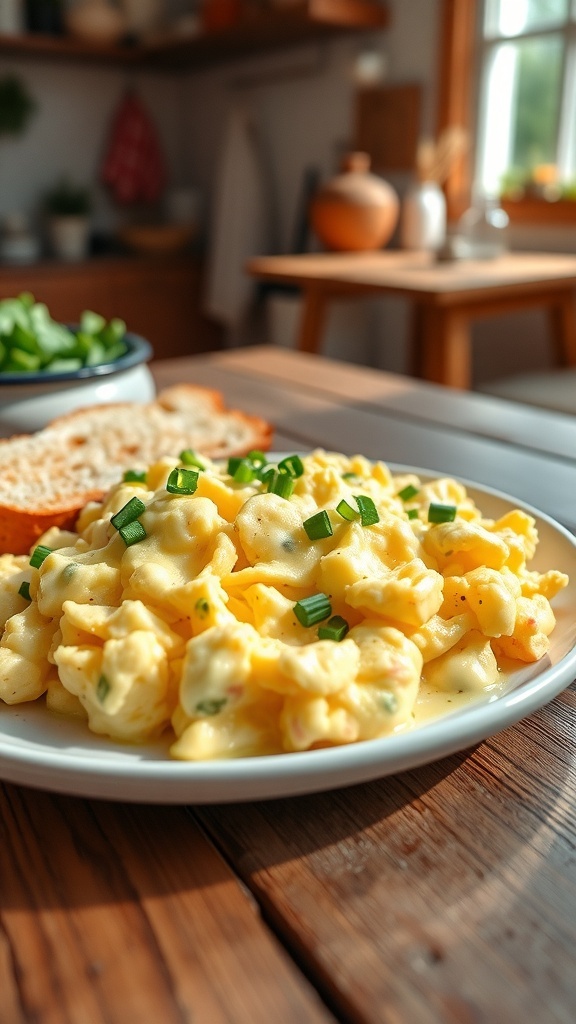 Fluffy scrambled eggs with herbs on a plate, served with toast on a wooden table.